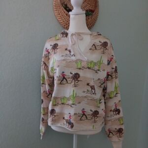 Cruel Girl Beige Western Print Hoodie with Pink and Green Accents